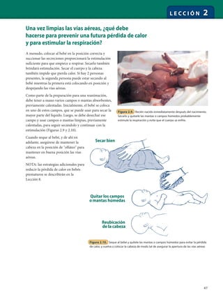47
L E C C I Ó N 2
Una vez limpias las vías aéreas, ¿qué debe
hacerse para prevenir una futura pérdida de calor
y para estimular la respiración?
A menudo, colocar al bebé en la posición correcta y
succionar las secreciones proporcionará la estimulación
suficiente para que empiece a respirar. Secarlo también
brindará estimulación. Secar el cuerpo y la cabeza
también impide que pierda calor. Si hay 2 personas
presentes, la segunda persona puede estar secando al
bebé mientras la primera está colocando en posición y
despejando las vías aéreas.
Como parte de la preparación para una reanimación,
debe tener a mano varios campos o mantas absorbentes,
previamente calentadas. Inicialmente, el bebé se coloca
en uno de estos campos, que se puede usar para secar la
mayor parte del líquido. Luego, se debe desechar ese
campo y usar campos o mantas limpias, previamente
calentadas, para seguir secándolo y continuar con la
estimulación (Figuras 2.9 y 2.10).
Cuando seque al bebé, y de ahí en
adelante, asegúrese de mantener la
cabeza en la posición de "olfateo" para
mantener en buena posición las vías
aéreas.
NOTA: las estrategias adicionales para
reducir la pérdida de calor en bebés
prematuros se describirán en la
Lección 8.
Figura 2.10. Seque al bebé y quítele las mantas o campos húmedos para evitar la pérdida
de calor, y vuelva a colocar la cabeza de modo tal de asegurar la apertura de las vías aéreas
Figura 2.9. Recién nacido inmediatamente después del nacimiento.
Secarlo y quitarle las mantas o campos húmedos probablemente
estimule la respiración y evite que el cuerpo se enfríe.
Secar bien
Quitar los campos
o mantas húmedas
Reubicación
de la cabeza
 