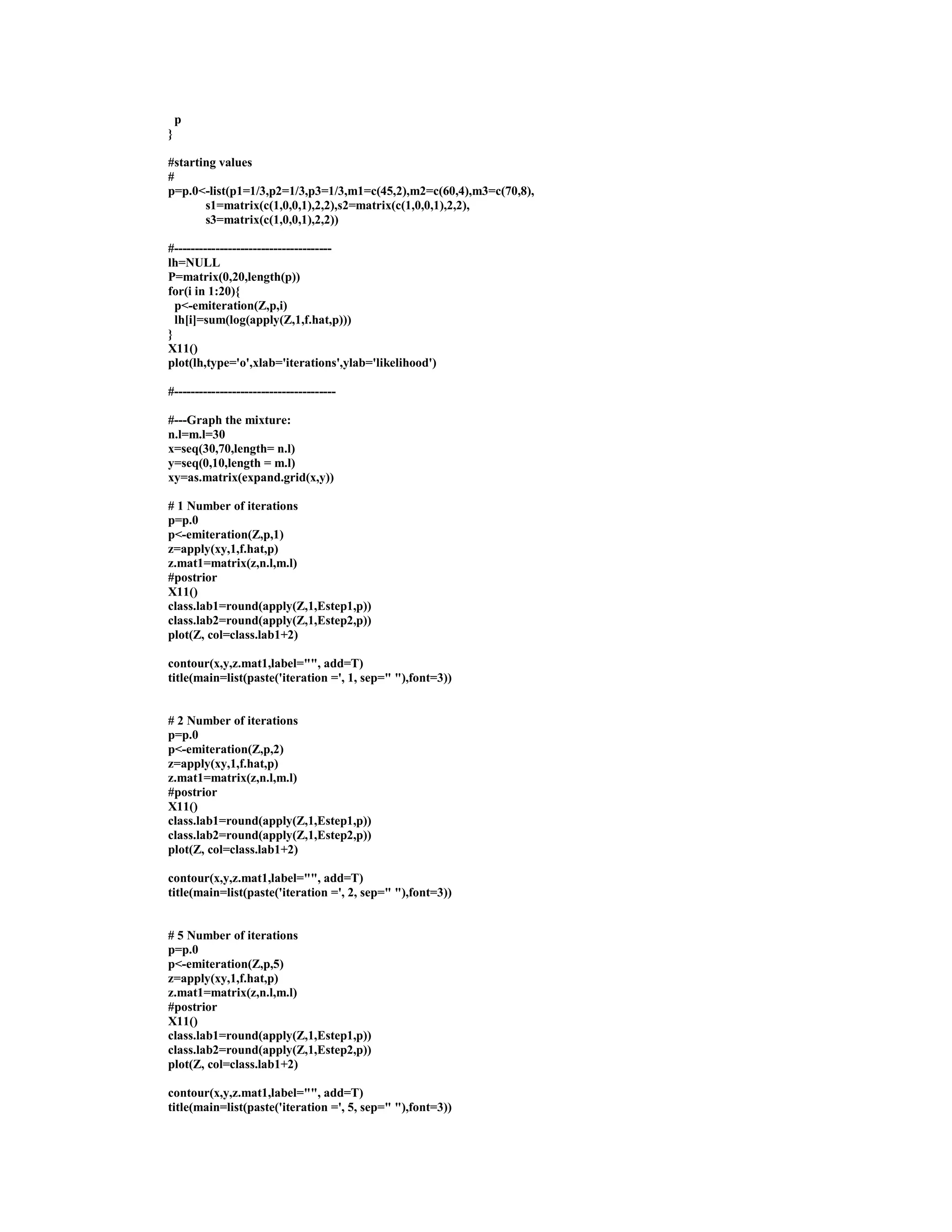 p
}
#starting values
#
p=p.0<-list(p1=1/3,p2=1/3,p3=1/3,m1=c(45,2),m2=c(60,4),m3=c(70,8),
s1=matrix(c(1,0,0,1),2,2),s2=matrix(c(1,0,0,1),2,2),
s3=matrix(c(1,0,0,1),2,2))
#--------------------------------------
lh=NULL
P=matrix(0,20,length(p))
for(i in 1:20){
p<-emiteration(Z,p,i)
lh[i]=sum(log(apply(Z,1,f.hat,p)))
}
X11()
plot(lh,type='o',xlab='iterations',ylab='likelihood')
#---------------------------------------
#---Graph the mixture:
n.l=m.l=30
x=seq(30,70,length= n.l)
y=seq(0,10,length = m.l)
xy=as.matrix(expand.grid(x,y))
# 1 Number of iterations
p=p.0
p<-emiteration(Z,p,1)
z=apply(xy,1,f.hat,p)
z.mat1=matrix(z,n.l,m.l)
#postrior
X11()
class.lab1=round(apply(Z,1,Estep1,p))
class.lab2=round(apply(Z,1,Estep2,p))
plot(Z, col=class.lab1+2)
contour(x,y,z.mat1,label="", add=T)
title(main=list(paste('iteration =', 1, sep=" "),font=3))
# 2 Number of iterations
p=p.0
p<-emiteration(Z,p,2)
z=apply(xy,1,f.hat,p)
z.mat1=matrix(z,n.l,m.l)
#postrior
X11()
class.lab1=round(apply(Z,1,Estep1,p))
class.lab2=round(apply(Z,1,Estep2,p))
plot(Z, col=class.lab1+2)
contour(x,y,z.mat1,label="", add=T)
title(main=list(paste('iteration =', 2, sep=" "),font=3))
# 5 Number of iterations
p=p.0
p<-emiteration(Z,p,5)
z=apply(xy,1,f.hat,p)
z.mat1=matrix(z,n.l,m.l)
#postrior
X11()
class.lab1=round(apply(Z,1,Estep1,p))
class.lab2=round(apply(Z,1,Estep2,p))
plot(Z, col=class.lab1+2)
contour(x,y,z.mat1,label="", add=T)
title(main=list(paste('iteration =', 5, sep=" "),font=3))
 