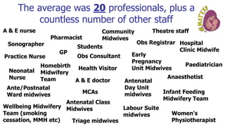 The average was 20 professionals, plus a
countless number of other staff
GP
Pharmacist
Community
Midwives
Sonographer Hospital
Clinic Midwife
Obs Consultant
Homebirth
Midwifery
Team
Women’s
Physiotherapist
Wellbeing Midwifery
Team (smoking
cessation, MMH etc)
Obs Registrar
Students
Triage midwives
Early
Pregnancy
Unit MidwivesHealth Visitor
Infant Feeding
Midwifery Team
Neonatal
Nurse
Paediatrician
Anaesthetist
A & E nurse
A & E doctor
Antenatal Class
Midwives
Theatre staff
Labour Suite
midwives
Antenatal
Day Unit
midwives
Practice Nurse
Ante/Postnatal
Ward midwives MCAs
 