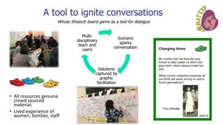 A tool to ignite conversations
Whose Shoes® board game as a tool for dialogue
Scenario
sparks
conversation
Solutions
captured by
graphic
facilitation
Multi-
disciplinary
team and
users
• All resources genuine
crowd sourced
material.
• Lived experience of
women, families, staff
 