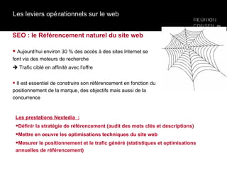 Les leviers opérationnels sur le web SEO : le Référencement naturel du site web Aujourd’hui environ 30 % des accès à des sites Internet se font via des moteurs de recherche    Trafic ciblé en affinité avec l’offre Il est essentiel de construire son référencement en fonction du positionnement de la marque, des objectifs mais aussi de la concurrence  Les prestations Nextedia  : Définir la stratégie de référencement (audit des mots clés et descriptions) Mettre en oeuvre les optimisations techniques du site web Mesurer le positionnement et le trafic généré (statistiques et optimisations annuelles de référencement) 