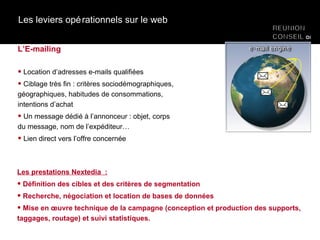 Les leviers opérationnels sur le web L’E-mailing Location d’adresses e-mails qualifiées  Ciblage très fin : critères sociodémographiques,  géographiques, habitudes de consommations,  intentions d’achat Un message dédié à l’annonceur : objet, corps  du message, nom de l’expéditeur… Lien direct vers l’offre concernée Les prestations Nextedia  : Définition des cibles et des critères de segmentation Recherche, négociation et location de bases de données Mise en œuvre technique de la campagne (conception et production des supports, taggages, routage) et suivi statistiques. 