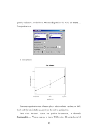 quando variamos a escolaridade. O comando para isso é o Plot of means...
Seus parâmetros:
E o resultado:
Em nossos parâmetros escolhemos plotar o intervalo de conança a 95%.
Você poderia ter plotado qualquer um dos outros parâmetros.
Para duas variáveis temos um gráco interessante, o chamado
Scatterplot... Vamos carregar o banco `USArrests'. Ele está disponível
26
 