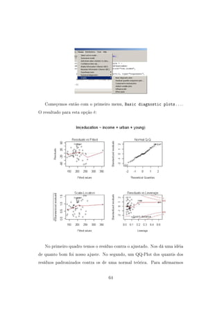 Começemos então com o primeiro menu, Basic diagnostic plots....
O resultado para esta opção é:
No primeiro quadro temos o resíduo contra o ajustado. Nos dá uma idéia
de quanto bom foi nosso ajuste. No segundo, um QQ-Plot dos quantis dos
resíduos padronizados contra os de uma normal teórica. Para armarmos
64
 