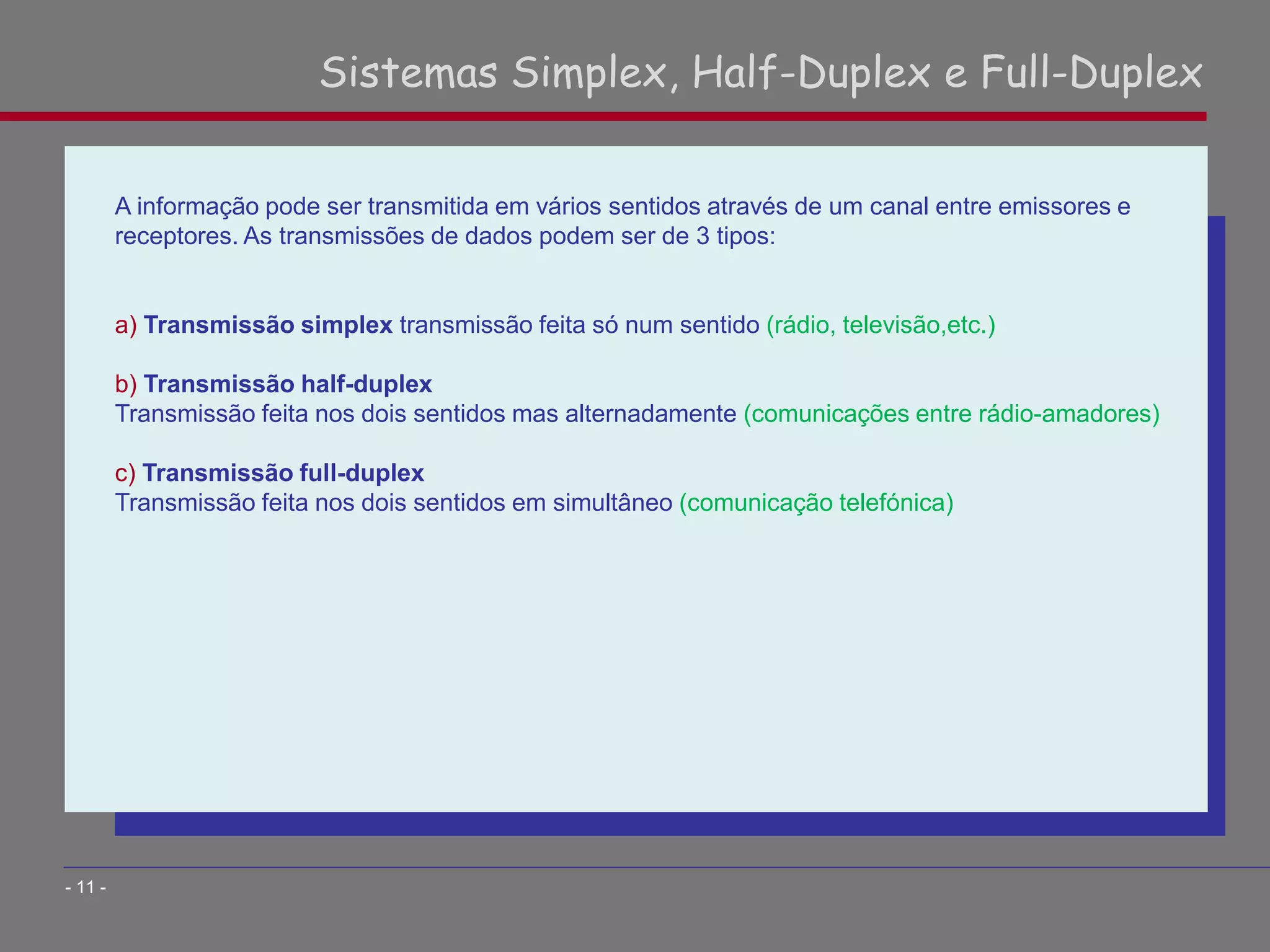 A informação pode ser transmitida em vários sentidos através de um canal entre emissores e
receptores. As transmissões de dados podem ser de 3 tipos:
a) Transmissão simplex transmissão feita só num sentido (rádio, televisão,etc.)
b) Transmissão half-duplex
Transmissão feita nos dois sentidos mas alternadamente (comunicações entre rádio-amadores)
c) Transmissão full-duplex
Transmissão feita nos dois sentidos em simultâneo (comunicação telefónica)
Sistemas Simplex, Half-Duplex e Full-Duplex
- 11 -
 