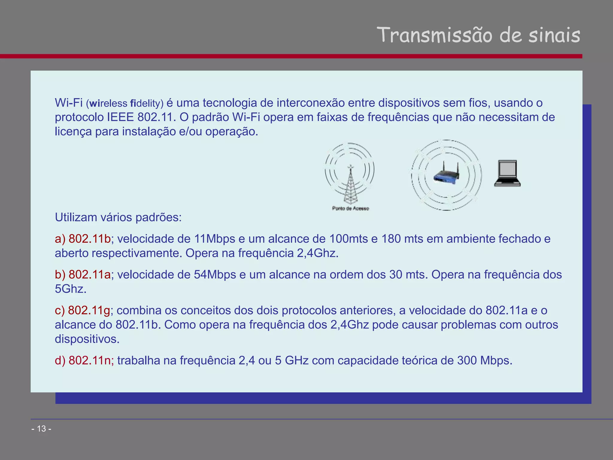 Wi-Fi (wireless fidelity) é uma tecnologia de interconexão entre dispositivos sem fios, usando o
protocolo IEEE 802.11. O padrão Wi-Fi opera em faixas de frequências que não necessitam de
licença para instalação e/ou operação.
Utilizam vários padrões:
a) 802.11b; velocidade de 11Mbps e um alcance de 100mts e 180 mts em ambiente fechado e
aberto respectivamente. Opera na frequência 2,4Ghz.
b) 802.11a; velocidade de 54Mbps e um alcance na ordem dos 30 mts. Opera na frequência dos
5Ghz.
c) 802.11g; combina os conceitos dos dois protocolos anteriores, a velocidade do 802.11a e o
alcance do 802.11b. Como opera na frequência dos 2,4Ghz pode causar problemas com outros
dispositivos.
d) 802.11n; trabalha na frequência 2,4 ou 5 GHz com capacidade teórica de 300 Mbps.
Transmissão de sinais
- 13 -
 