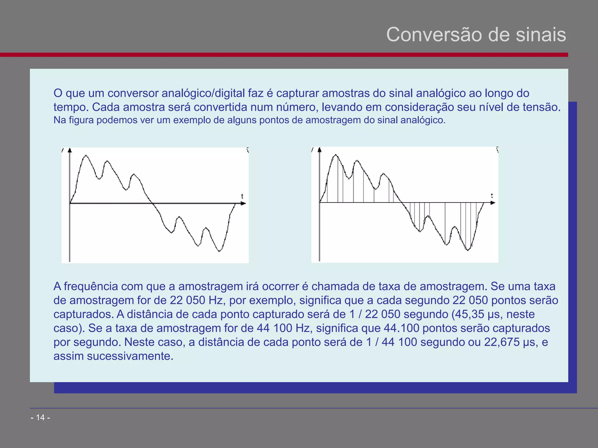 O que um conversor analógico/digital faz é capturar amostras do sinal analógico ao longo do
tempo. Cada amostra será convertida num número, levando em consideração seu nível de tensão.
Na figura podemos ver um exemplo de alguns pontos de amostragem do sinal analógico.
A frequência com que a amostragem irá ocorrer é chamada de taxa de amostragem. Se uma taxa
de amostragem for de 22 050 Hz, por exemplo, significa que a cada segundo 22 050 pontos serão
capturados. A distância de cada ponto capturado será de 1 / 22 050 segundo (45,35 µs, neste
caso). Se a taxa de amostragem for de 44 100 Hz, significa que 44.100 pontos serão capturados
por segundo. Neste caso, a distância de cada ponto será de 1 / 44 100 segundo ou 22,675 µs, e
assim sucessivamente.
Conversão de sinais
- 14 -
 