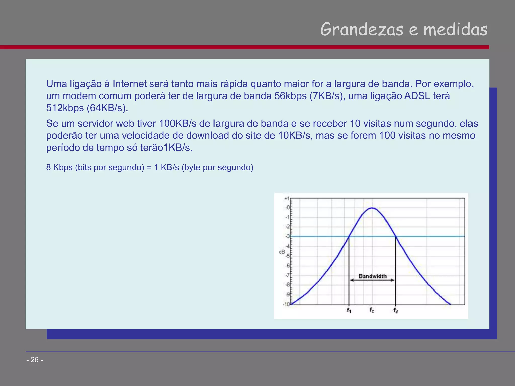 Uma ligação à Internet será tanto mais rápida quanto maior for a largura de banda. Por exemplo,
um modem comum poderá ter de largura de banda 56kbps (7KB/s), uma ligação ADSL terá
512kbps (64KB/s).
Se um servidor web tiver 100KB/s de largura de banda e se receber 10 visitas num segundo, elas
poderão ter uma velocidade de download do site de 10KB/s, mas se forem 100 visitas no mesmo
período de tempo só terão1KB/s.
8 Kbps (bits por segundo) = 1 KB/s (byte por segundo)
Grandezas e medidas
- 26 -
 