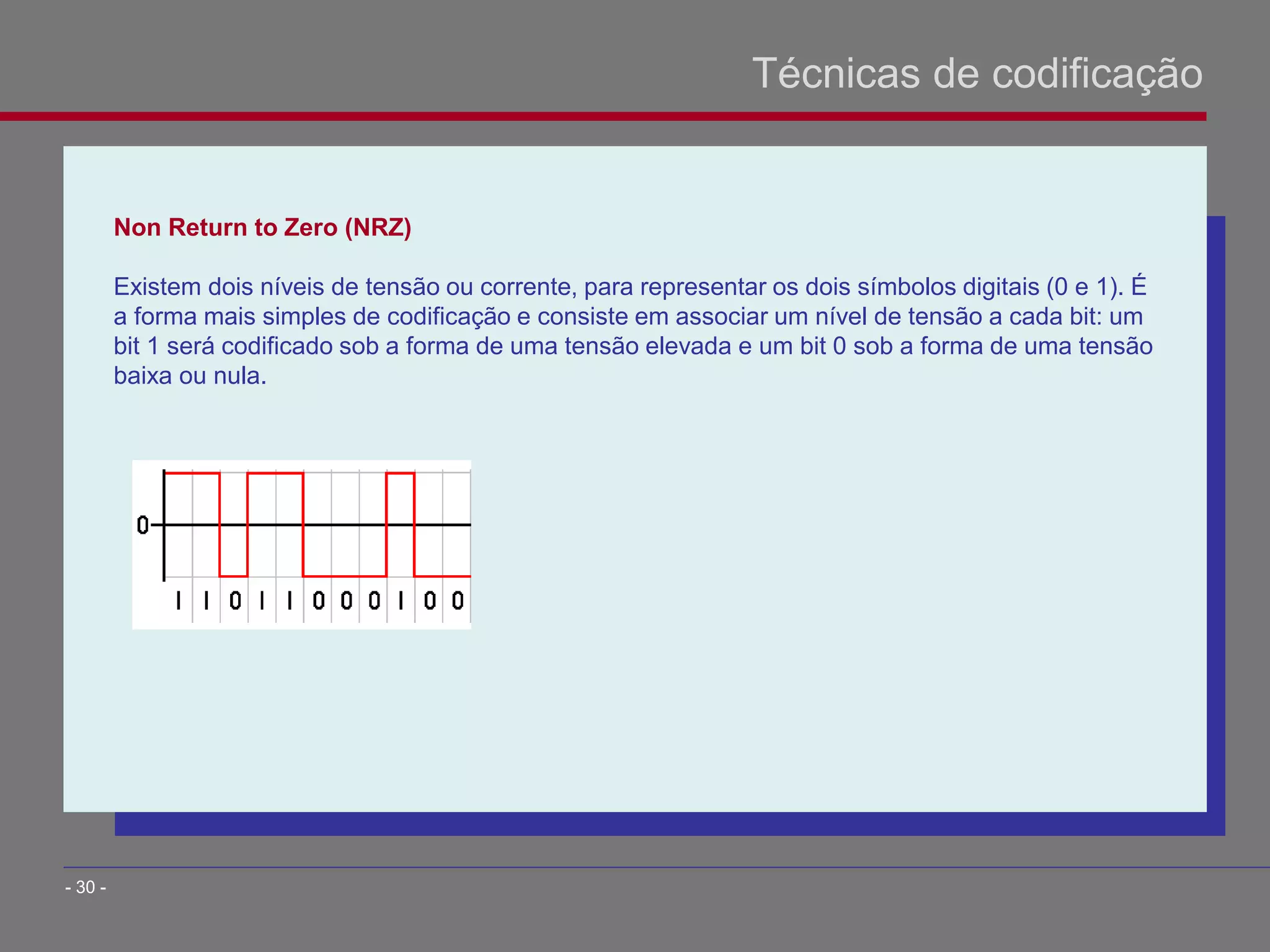 Non Return to Zero (NRZ)
Existem dois níveis de tensão ou corrente, para representar os dois símbolos digitais (0 e 1). É
a forma mais simples de codificação e consiste em associar um nível de tensão a cada bit: um
bit 1 será codificado sob a forma de uma tensão elevada e um bit 0 sob a forma de uma tensão
baixa ou nula.
Técnicas de codificação
- 30 -
 