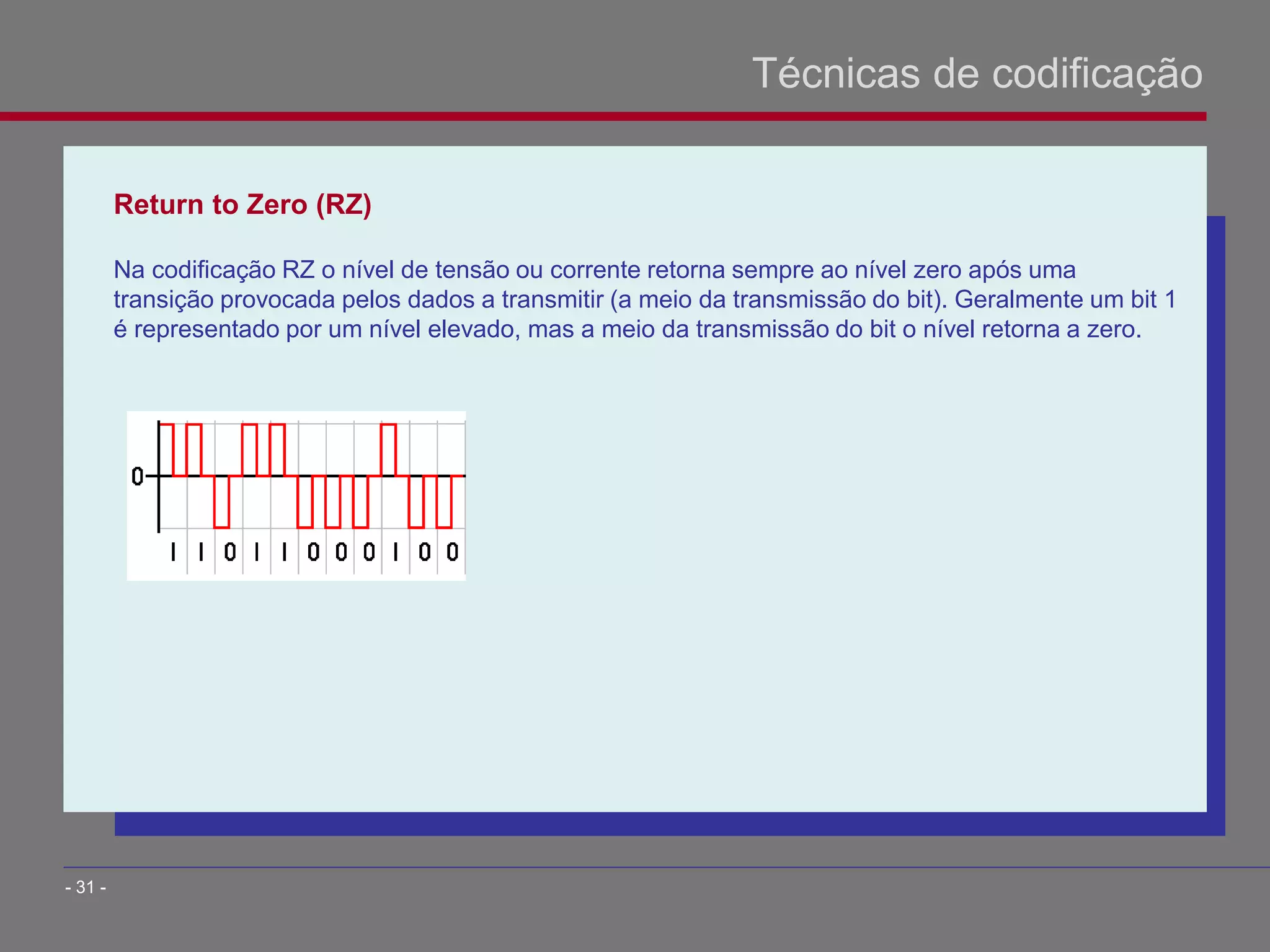Return to Zero (RZ)
Na codificação RZ o nível de tensão ou corrente retorna sempre ao nível zero após uma
transição provocada pelos dados a transmitir (a meio da transmissão do bit). Geralmente um bit 1
é representado por um nível elevado, mas a meio da transmissão do bit o nível retorna a zero.
Técnicas de codificação
- 31 -
 