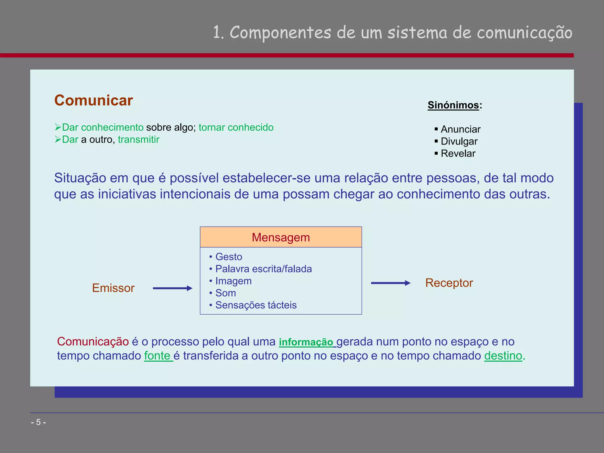 Comunicar
Dar conhecimento sobre algo; tornar conhecido
Dar a outro, transmitir
Situação em que é possível estabelecer-se uma relação entre pessoas, de tal modo
que as iniciativas intencionais de uma possam chegar ao conhecimento das outras.
1. Componentes de um sistema de comunicação
- 5 -
• Gesto
• Palavra escrita/falada
• Imagem
• Som
• Sensações tácteis
Mensagem
Emissor Receptor
Sinónimos:
 Anunciar
 Divulgar
 Revelar
Comunicação é o processo pelo qual uma informação gerada num ponto no espaço e no
tempo chamado fonte é transferida a outro ponto no espaço e no tempo chamado destino.
 