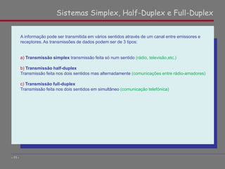 A informação pode ser transmitida em vários sentidos através de um canal entre emissores e
receptores. As transmissões de dados podem ser de 3 tipos:
a) Transmissão simplex transmissão feita só num sentido (rádio, televisão,etc.)
b) Transmissão half-duplex
Transmissão feita nos dois sentidos mas alternadamente (comunicações entre rádio-amadores)
c) Transmissão full-duplex
Transmissão feita nos dois sentidos em simultâneo (comunicação telefónica)
Sistemas Simplex, Half-Duplex e Full-Duplex
- 11 -
 