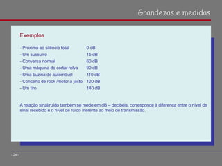 Exemplos
- Próximo ao silêncio total 0 dB
- Um sussurro 15 dB
- Conversa normal 60 dB
- Uma máquina de cortar relva 90 dB
- Uma buzina de automóvel 110 dB
- Concerto de rock /motor a jacto 120 dB
- Um tiro 140 dB
A relação sinal/ruído também se mede em dB – decibéis, corresponde à diferença entre o nível de
sinal recebido e o nível de ruído inerente ao meio de transmissão.
Grandezas e medidas
- 24 -
 