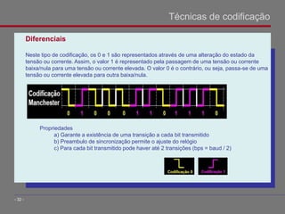 Diferenciais
Neste tipo de codificação, os 0 e 1 são representados através de uma alteração do estado da
tensão ou corrente. Assim, o valor 1 é representado pela passagem de uma tensão ou corrente
baixa/nula para uma tensão ou corrente elevada. O valor 0 é o contrário, ou seja, passa-se de uma
tensão ou corrente elevada para outra baixa/nula.
Propriedades
a) Garante a existência de uma transição a cada bit transmitido
b) Preambulo de sincronização permite o ajuste do relógio
c) Para cada bit transmitido pode haver até 2 transições (bps = baud / 2)
Técnicas de codificação
- 32 -
 