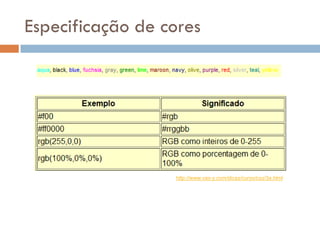 Especificação de cores




                  http://www.vas-y.com/dicas/curso/css/3a.html
 