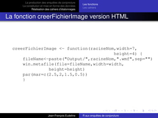 La production des enquêtes de conjoncture
La constitution et mise en forme des données
Réalisation des cahiers d’étalonnages
Les fonctions
Les cahiers
La fonction creerFichierImage version HTML
creerFichierImage <- function(racineNom,width=7,
height=4) {
fileName<-paste("Output/",racineNom,".wmf",sep="")
win.metafile(file=fileName,width=width,
height=height)
par(mar=c(2.5,2,1.5,0.5))
}
Jean-François Eudeline R aux enquêtes de conjoncture
 