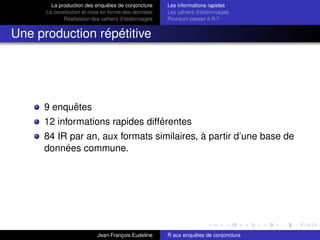La production des enquêtes de conjoncture
La constitution et mise en forme des données
Réalisation des cahiers d’étalonnages
Les informations rapides
Les cahiers d’étalonnages
Pourquoi passer à R ?
Une production répétitive
9 enquêtes
12 informations rapides différentes
84 IR par an, aux formats similaires, à partir d’une base de
données commune.
Jean-François Eudeline R aux enquêtes de conjoncture
 