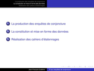 La production des enquêtes de conjoncture
La constitution et mise en forme des données
Réalisation des cahiers d’étalonnages
1 La production des enquêtes de conjoncture
2 La constitution et mise en forme des données
3 Réalisation des cahiers d’étalonnages
Jean-François Eudeline R aux enquêtes de conjoncture
 