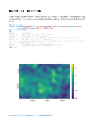Receipt - 5.2 – Raster Data
Load a Postgis raster table from a remote database and saving it as a local tiff. This example is using
a valid database. If you want to access a different database, replace with the proper credentials shown
in red:
library(terra)
cstr2<-"PG:dbname=dnpmmt host=pg.gdatasystems.com user=droid password=devcor
port=5432 schema='public' table='sai'"
lyr <- rast(cstr2)
lyr
class : SpatRaster
dimensions : 382, 562, 1 (nrow, ncol, nlyr)
resolution : 299.5464, 299.4152 (x, y)
extent : 306437.9, 474783, 8908453, 9022829 (xmin, xmax, ymin, ymax)
coord. ref. : WGS 84 / UTM zone 21S (EPSG:32721)
source : PG:dbname=dnpmmt host=pg.gdatasystems.com user=droid password=devcor
port=5432 schema='public' table='sai'
varname : PG:dbname=dnpmmt host=pg.gdatasystems.com
name : PG:dbname=dnpmmt host=pg.gdatasystems.com
plot(lyr)
writeRaster(lyr, 'output.tif', overwrite=TRUE)
 