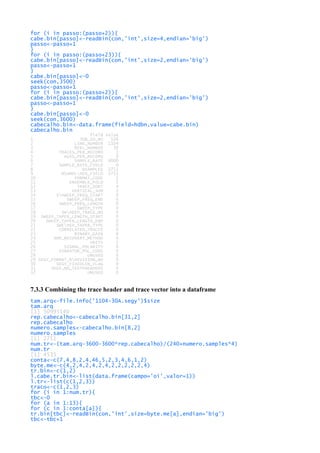 for (i in passo:(passo+2)){
cabe.bin[passo]<-readBin(con,'int',size=4,endian='big')
passo<-passo+1
}
for (i in passo:(passo+23)){
cabe.bin[passo]<-readBin(con,'int',size=2,endian='big')
passo<-passo+1
}
cabe.bin[passo]<-0
seek(con,3500)
passo<-passo+1
for (i in passo:(passo+2)){
cabe.bin[passo]<-readBin(con,'int',size=2,endian='big')
passo<-passo+1
}
cabe.bin[passo]<-0
seek(con,3600)
cabecalho.bin<-data.frame(field=hdbn,value=cabe.bin)
cabecalho.bin
field value
1 JOB_ID_NO 526
2 LINE_NUMBER 1104
3 REEL_NUMBER 30
4 TRACES_PER_RECORD 1
5 AUXS_PER_RECORD 0
6 SAMPLE_RATE 4000
7 SAMPLE_RATE_FIELD 0
8 NSAMPLES 2751
9 NSAMPLnES_FIELD 2751
10 FORMAT_CODE 1
11 ENSEMBLE_FOLD 1
12 TRACE_SORT 4
13 VERTICAL_SUM 2
14 SnWEEP_FREQ_START 0
15 SWEEP_FREQ_END 0
16 SWEEP_FREQ_LENGTH 0
17 SWEEP_TYPE 0
18 SWnEEP_TRACE_NO 0
19 SWEEP_TAPER_LENGTH_START 0
20 SWEEP_TAPER_LENGTH_END 0
21 SWEnEP_TAPER_TYPE 0
22 CORRELATED_TRACES 0
23 BINARY_GAIN 0
24 AMP_RECOVERY_METHOD 0
25 UNITS 1
26 SIGNAL_POLARITY 0
27 VIBRATOR_POL_CODE 0
28 UNUSED 0
29 SEGY_FORMAT_RnEVISION_NO 0
30 SEGY_FIXEDLEN_FLAG 0
31 SEGY_NO_TEXTFHEADERS 0
32 UNUSED 0
7.3.3 Combining the trace header and trace vector into a dataframe
tam.arq<-file.info('1104-30A.segy')$size
tam.arq
[1] 50995140
rep.cabecalho<-cabecalho.bin[31,2]
rep.cabecalho
numero.samples<-cabecalho.bin[8,2]
numero.samples
[1] 2751
num.tr<-(tam.arq-3600-3600*rep.cabecalho)/(240+numero.samples*4)
num.tr
[1] 4535
conta<-c(7,4,8,2,4,46,5,2,3,4,6,1,2)
byte.me<-c(4,2,4,2,4,2,4,2,2,2,2,2,4)
tr.bin<-c(1,2)
l.cabe.tr.bin<-list(data.frame(campo='oi',valor=1))
l.tr<-list(c(1,2,3))
traco<-c(1,2,3)
for (i in 1:num.tr){
tbc<-0
for (a in 1:13){
for (c in 1:conta[a]){
tr.bin[tbc]<-readBin(con,'int',size=byte.me[a],endian='big')
tbc<-tbc+1
 