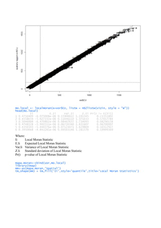 mo.local <- localmoran(x=vor$CU, listw = nb2listw(vizin, style = "W"))
head(mo.local)
Ii E.Ii Var.Ii Z.Ii Pr(z != E(Ii))
1 0.4750409 -6.075008e-06 0.15900022 1.191345 0.23351802
2 0.4558659 -5.627332e-06 0.11046110 1.371633 0.17017784
3 0.5046008 -6.470802e-06 0.08467637 1.734093 0.08290158
4 0.4748128 -5.991551e-06 0.06720340 1.831607 0.06700997
5 0.4350343 -5.444376e-06 0.07124471 1.629869 0.10312927
6 0.3950668 -4.841281e-06 0.09503146 1.281570 0.19999369
Where:
Ii Local Moran Statistic
E.li Expected Local Moran Statistic
Var.li Variance of Local Moran Statistic
Z.li Standard deviation of Local Moran Statistic
Pr() p-value of Local Moran Statistic
mapa.moran<-cbind(vor,mo.local)
library(tmap)
mm<-as(mapa.moran,'Spatial')
tm_shape(mm) + tm_fill('Ii',style='quantile',title='Local Moran Statistics')
 
