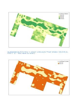 tm_shape(mm)+tm_fill('Pr(z != E(Ii))',n=10,style='fixed',breaks= c(0,0.05,1),
title = 'p - local Moran Cu value')
 