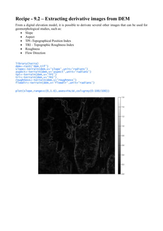 Recipe - 9.2 – Extracting derivative images from DEM
From a digital elevation model, it is possible to derivate several other images that can be used for
geomorphological studies, such as:
• Slope
• Aspect
• TPI -Topographical Position Index
• TRI – Topographic Roughness Index
• Roughness
• Flow Direction
library(terra)
dem<-rast('dem.tif')
slope<-terrain(dem,v='slope',unit='radians')
aspect<-terrain(dem,v='aspect',unit='radians')
tpi<-terrain(dem,v='TPI')
tri<-terrain(dem,v='TRI')
roughness<-terrain(dem,v='roughness')
flowdir<-terrain(dem,v='flowdir',unit='radians')
plot(slope,range=c(0,1.6),axes=FALSE,col=grey(0:100/100))
 