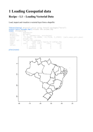 1 Loading Geospatial data
Recipe - 1.1 – Loading Vectorial Data
Load, inspect and visualize a vectorial layer from a shapefile:
library(terra) #install terra using install.packages("terra")
state<-vect("estado.shp") #loads the estado.shp
state #inspecting
class : SpatVector
geometry : polygons
dimensions : 27, 5 (geometries, attributes)
extent : -73.99024, -32.39088, -33.75136, 5.270972 (xmin,xmax,ymin,ymax)
source : estado.shp
coord. ref. : lon/lat GCS_unknown
names : id nome sigla regiao_id codigo_ibg
type : <chr> <chr> <chr> <chr> <chr>
values : 1 Acre AC 3 12
2 Alagoas AL 4 27
3 Amazonas AM 3 13
plot(state)
 