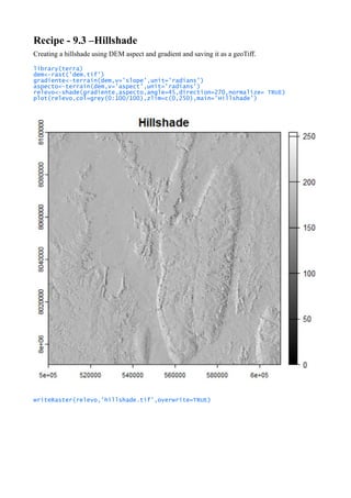 Recipe - 9.3 –Hillshade
Creating a hillshade using DEM aspect and gradient and saving it as a geoTiff.
library(terra)
dem<-rast('dem.tif')
gradiente<-terrain(dem,v='slope',unit='radians')
aspecto<-terrain(dem,v='aspect',unit='radians')
relevo<-shade(gradiente,aspecto,angle=45,direction=270,normalize= TRUE)
plot(relevo,col=grey(0:100/100),zlim=c(0,250),main='Hillshade')
writeRaster(relevo,'hillshade.tif',overwrite=TRUE)
 