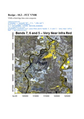 Recipe - 10.2 – FCC VNIR
VNIR or Red-Edge false color composite.
library(terra)
filenames <- paste0('B0', 7:5, "_20m.jp2")
fcc7_6_5<- rast(filenames)
e <- ext(499980, 527430, 8072590,8100040)
rc<-crop(fcc7_6_5,e)
plotRGB(rc,stretch='lin',axes=TRUE,main='Bands 7, 6 and 5 – Very Near Infra
Red' , mar=c(6,6,6,6))
 