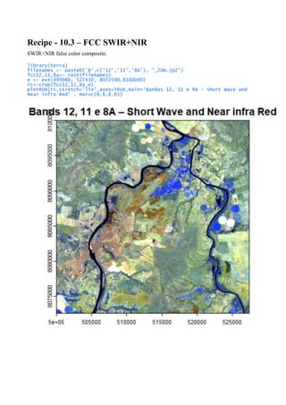 Recipe - 10.3 – FCC SWIR+NIR
SWIR+NIR false color composite.
library(terra)
filenames <- paste0('B',c('12','11','8A'), "_20m.jp2")
fcc12_11_8a<- rast(filenames)
e <- ext(499980, 527430, 8072590,8100040)
rc<-crop(fcc12_11_8a,e)
plotRGB(rc,stretch='lin',axes=TRUE,main='Bandas 12, 11 e 8A – Short Wave and
Near infra Red' , mar=c(6,6,6,6))
 