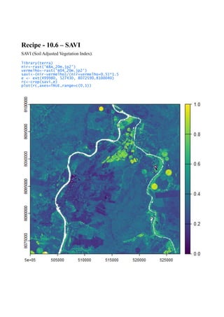 Recipe - 10.6 – SAVI
SAVI (Soil Adjusted Vegetation Index).
library(terra)
nir<-rast('B8A_20m.jp2')
vermelho<-rast('B04_20m.jp2')
savi<-(nir-vermelho)/(nir+vermelho+0.5)*1.5
e <- ext(499980, 527430, 8072590,8100040)
rc<-crop(savi,e)
plot(rc,axes=TRUE,range=c(0,1))
 