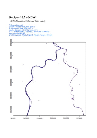 Recipe - 10.7 – NDWI
NDWI (Normalized Difference Water Index).
library(terra)
green<-rast('B03_20m.jp2')
nir<-rast('B8A_20m.jp2')
ndwi<-(green-nir)/(green+nir)
e <- ext(499980, 527430, 8072590,8100040)
rc<-crop(ndwi,e)
plot(rc,axes=TRUE,legend=FALSE,range=c(0,1))
 