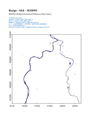 Recipe - 10.8 – MNDWI
MNDWI (Modified Normalized Difference Water Index).
library(terra)
green<-rast('B03_20m.jp2')
swir<-rast('B11_20m.jp2')
mndwi<-(green-swir)/(green+swir)
e <- ext(499980, 527430, 8072590,8100040)
rc<-crop(mndwi,e)
plot(rc,axes=TRUE,legend=FALSE,range=c(0,1))
 