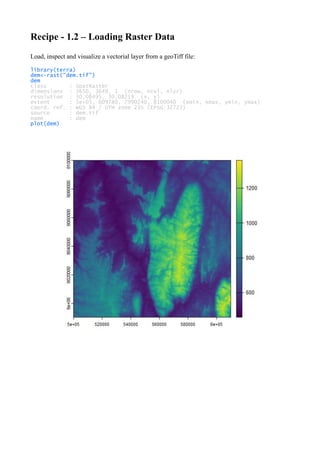 Recipe - 1.2 – Loading Raster Data
Load, inspect and visualize a vectorial layer from a geoTiff file:
library(terra)
dem<-rast("dem.tif")
dem
class : SpatRaster
dimensions : 3650, 3649, 1 (nrow, ncol, nlyr)
resolution : 30.08495, 30.08219 (x, y)
extent : 5e+05, 609780, 7990240, 8100040 (xmin, xmax, ymin, ymax)
coord. ref. : WGS 84 / UTM zone 23S (EPSG:32723)
source : dem.tif
name : dem
plot(dem)
 