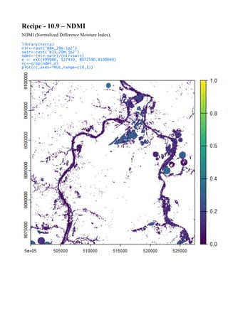 Recipe - 10.9 – NDMI
NDMI (Normalized Difference Moisture Index).
library(terra)
nir<-rast('B8A_20m.jp2')
swir<-rast('B11_20m.jp2')
ndmi<-(nir-swir)/(nir+swir)
e <- ext(499980, 527430, 8072590,8100040)
rc<-crop(ndmi,e)
plot(rc,axes=TRUE,range=c(0,1))
 