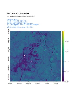 Recipe - 10.10 – NDTI
NDTI (Normalized Difference Tillage Index).
library(terra)
swir1<-rast('B11_20m.jp2')
swir2<-rast('B12_20m.jp2')
ndti<-(swir1-swir2)/(swir1+swir2)
e <- ext(499980, 527430, 8072590,8100040)
rc<-crop(ndti,e)
plot(rc,axes=TRUE,range=c(0,0.5))
 