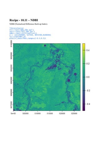 Recipe - 10.11 – NDBI
NDBI (Normalized Difference Built-up Index).
library(terra)
nir<-rast('B8A_20m.jp2')
swir<-rast('B11_20m.jp2')
ndbi<-(swir-nir)/(swir+nir)
e <- ext(499980, 527430, 8072590,8100040)
rc<-crop(ndbi,e)
plot(rc,axes=TRUE,range=c(-0.5,0.5))
 