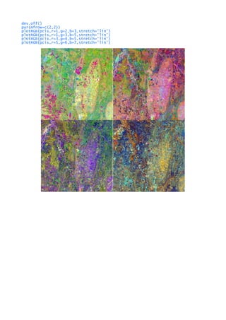 dev.off()
par(mfrow=c(2,2))
plotRGB(pcis,r=1,g=2,b=3,stretch='lin')
plotRGB(pcis,r=1,g=3,b=5,stretch='lin')
plotRGB(pcis,r=3,g=4,b=5,stretch='lin')
plotRGB(pcis,r=5,g=6,b=7,stretch='lin')
 