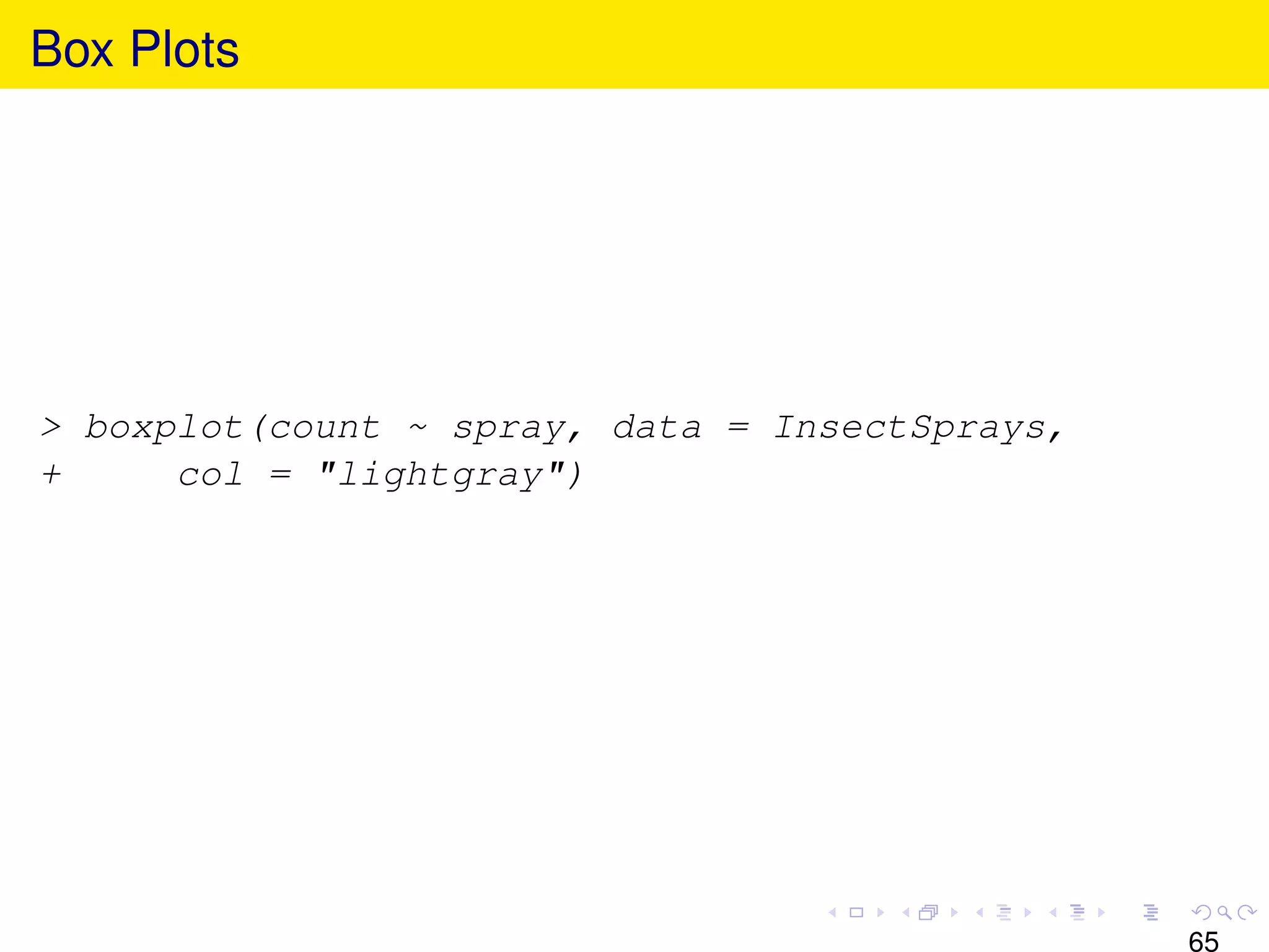 Box Plots




> boxplot(count ~ spray, data = InsectSprays,
+     col = "lightgray")




                                                65
 