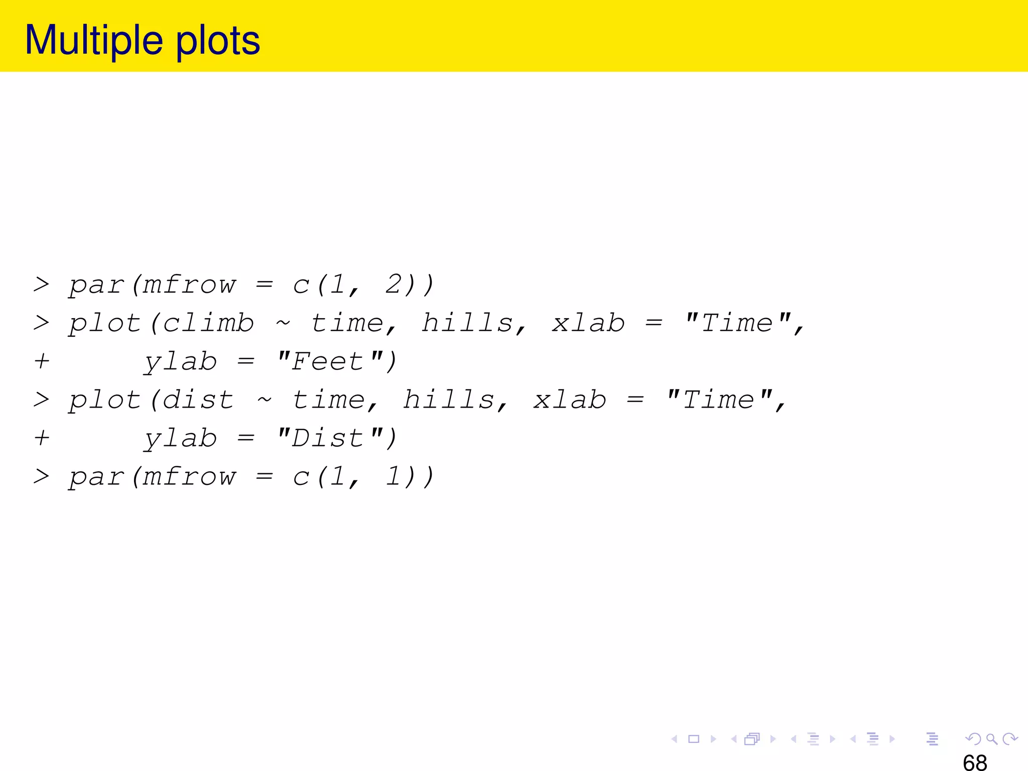 Multiple plots




>   par(mfrow = c(1, 2))
>   plot(climb ~ time, hills, xlab = "Time",
+       ylab = "Feet")
>   plot(dist ~ time, hills, xlab = "Time",
+       ylab = "Dist")
>   par(mfrow = c(1, 1))




                                               68
 