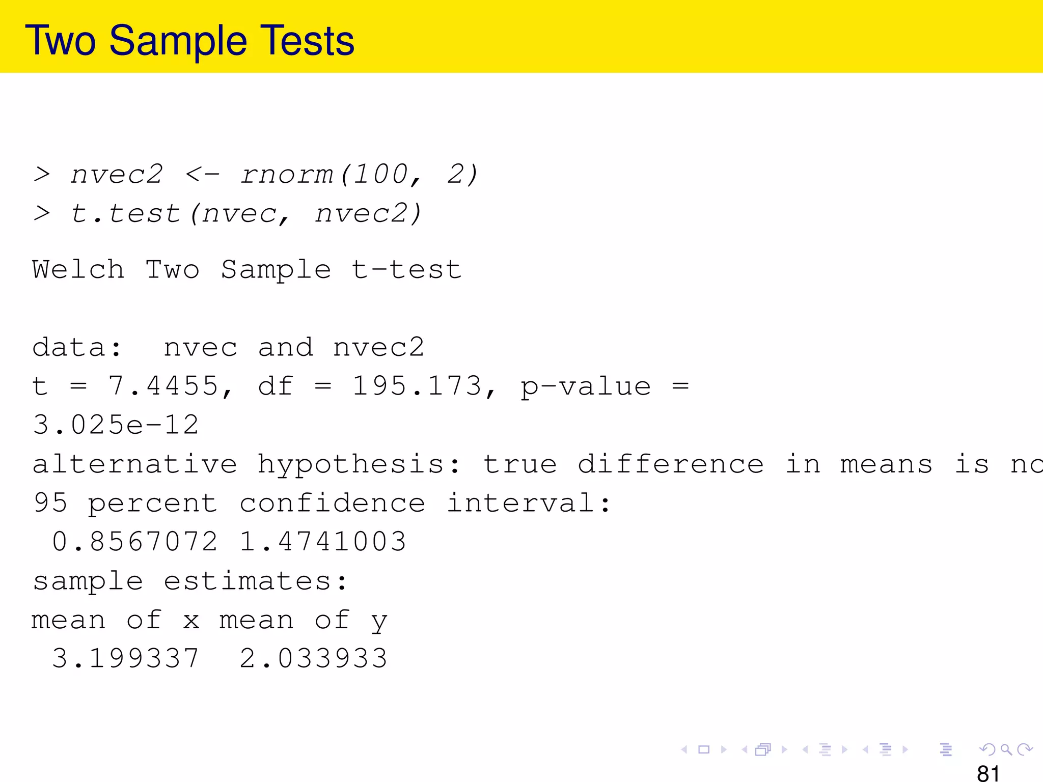 Two Sample Tests


> nvec2 <- rnorm(100, 2)
> t.test(nvec, nvec2)
Welch Two Sample t-test

data: nvec and nvec2
t = 7.4455, df = 195.173, p-value =
3.025e-12
alternative hypothesis: true difference in means is no
95 percent confidence interval:
 0.8567072 1.4741003
sample estimates:
mean of x mean of y
 3.199337 2.033933


                                                  81
 