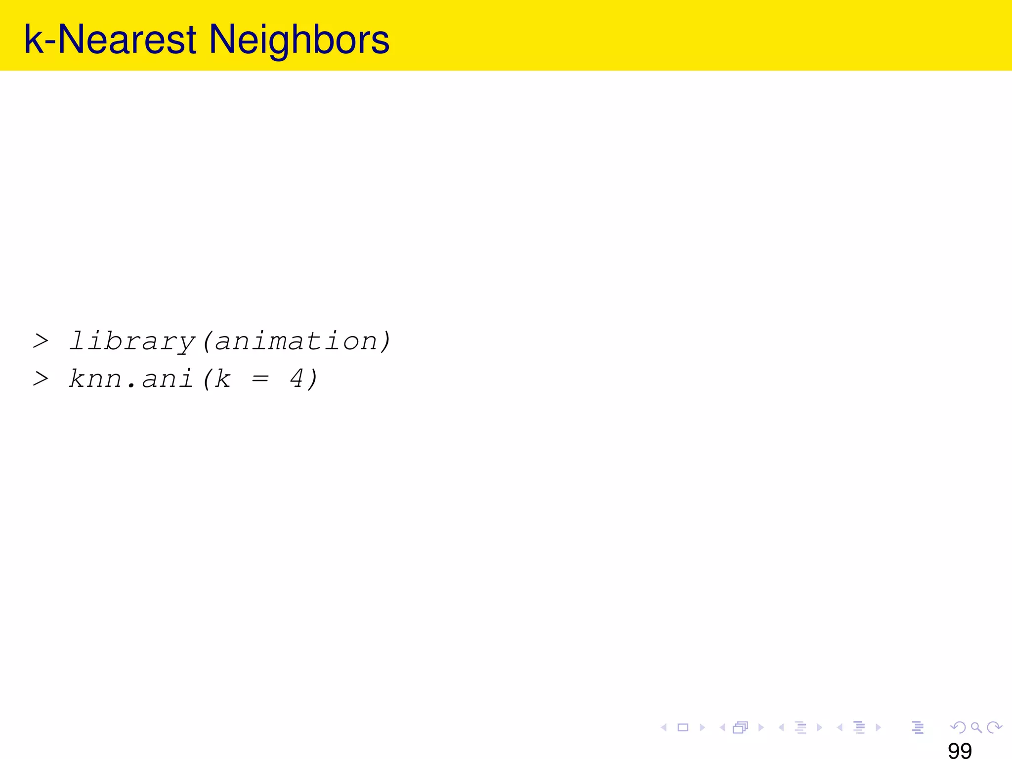 k-Nearest Neighbors




> library(animation)
> knn.ani(k = 4)




                       99
 