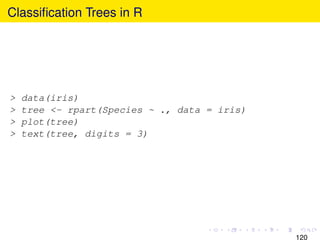 Classiﬁcation Trees in R




>   data(iris)
>   tree <- rpart(Species ~ ., data = iris)
>   plot(tree)
>   text(tree, digi...