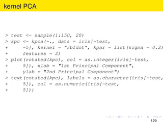 kernel PCA



>   test <- sample(1:150, 20)
>   kpc <- kpca(~., data = iris[-test,
+       -5], kernel = "rbfdot", kpar = list(sigma = 0.2)
+       features = 2)
>   plot(rotated(kpc), col = as.integer(iris[-test,
+       5]), xlab = "1st Principal Component",
+       ylab = "2nd Principal Component")
>   text(rotated(kpc), labels = as.character(iris[-test,
+       5]), col = as.numeric(iris[-test,
+       5]))




                                                   129
 