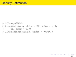 Density Estimation




> library(MASS)
> truehist(nvec, nbins = 20, xlim = c(0,
+     6), ymax = 0.7)
> lines(density(nvec, width = "nrd"))




                                           85
 