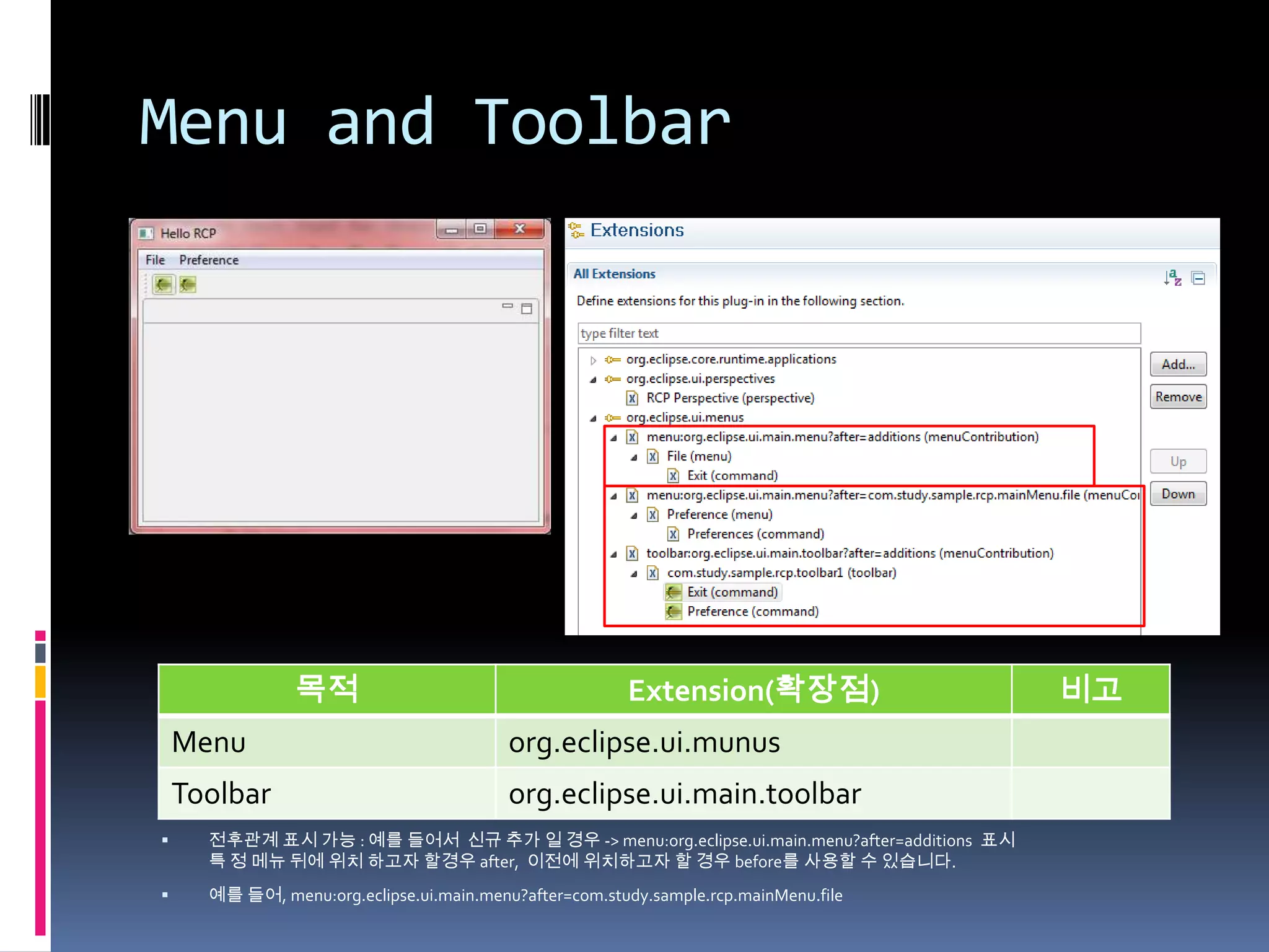Menu and Toolbar




                목적                                      Extension(확장점)                     비고
    Menu                                  org.eclipse.ui.munus
    Toolbar                               org.eclipse.ui.main.toolbar
     전후관계 표시 가능 : 예를 들어서 신규 추가 일 경우 -> menu:org.eclipse.ui.main.menu?after=additions 표시
      특 정 메뉴 뒤에 위치 하고자 할경우 after, 이전에 위치하고자 할 경우 before를 사용할 수 있습니다.
     예를 들어, menu:org.eclipse.ui.main.menu?after=com.study.sample.rcp.mainMenu.file
 