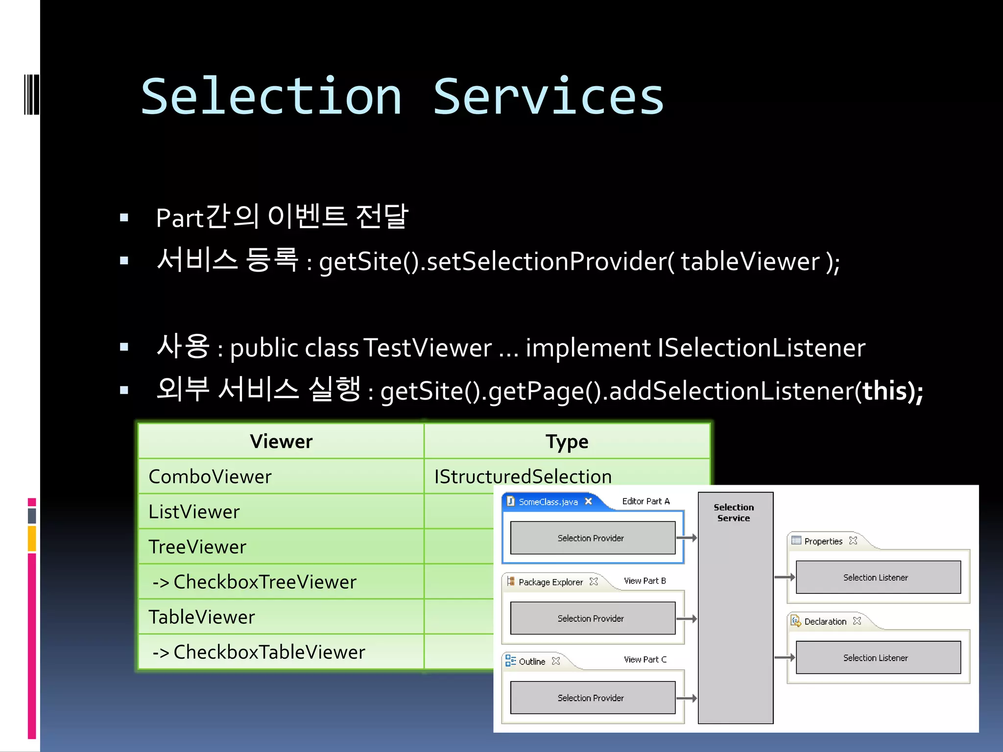 Selection Services

 Part간의 이벤트 전달
 서비스 등록 : getSite().setSelectionProvider( tableViewer );


 사용 : public class TestViewer … implement ISelectionListener
 외부 서비스 실행 : getSite().getPage().addSelectionListener(this);
               Viewer                  Type
  ComboViewer              IStructuredSelection
  ListViewer                             ‘’
  TreeViewer                             ‘’
  -> CheckboxTreeViewer                  ‘’
  TableViewer                            ‘’
  -> CheckboxTableViewer                 ‘’
 