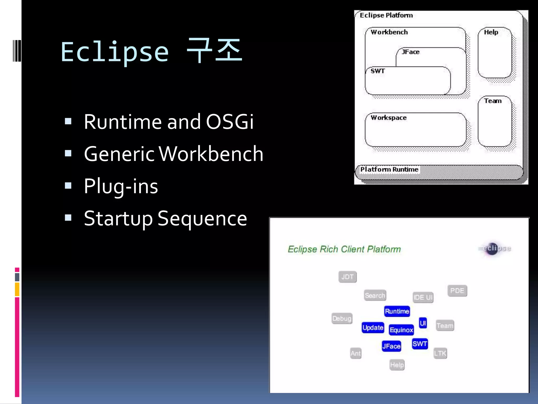 Eclipse 구조

 Runtime and OSGi
 Generic Workbench
 Plug-ins
 Startup Sequence
 