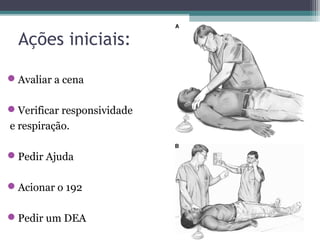 Ações iniciais:
Avaliar a cena
Verificar responsividade
e respiração.
Pedir Ajuda
Acionar o 192
Pedir um DEA
 